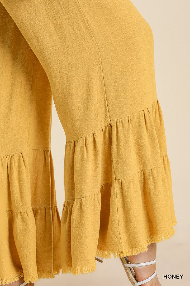 Umgee Linen Blend Wide Ruffle Leg Frayed Hem Pants
