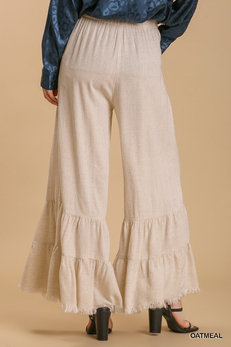 Umgee Linen Blend Wide Ruffle Leg Frayed Hem Pants