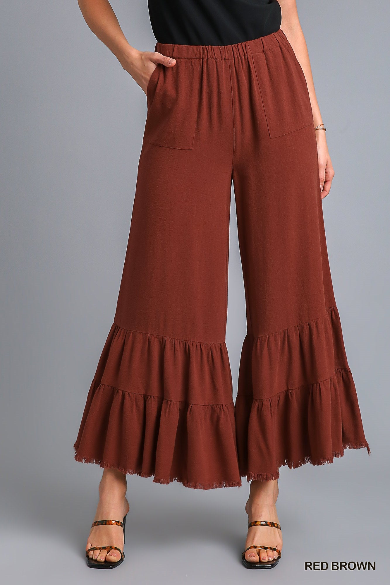 Umgee Linen Blend Wide Ruffle Leg Frayed Hem Pants