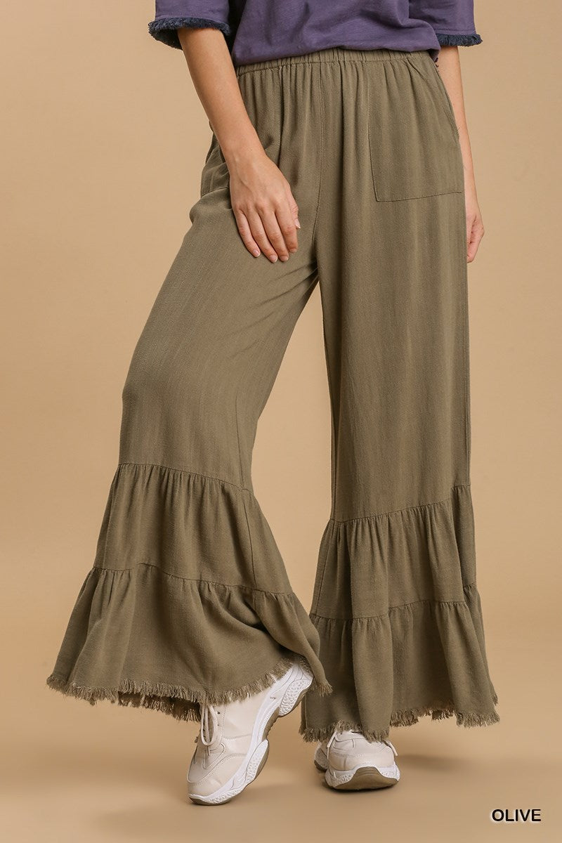Umgee Linen Blend Wide Ruffle Leg Frayed Hem Pants