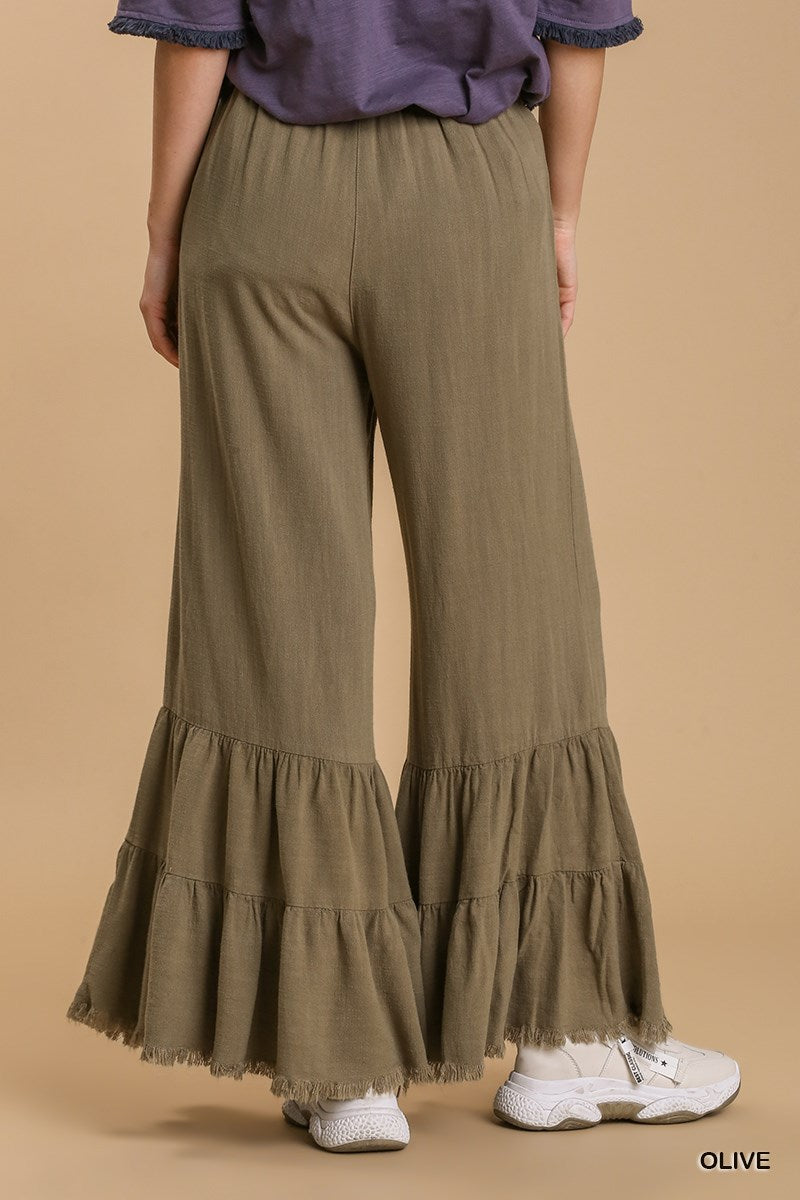 Umgee Linen Blend Wide Ruffle Leg Frayed Hem Pants
