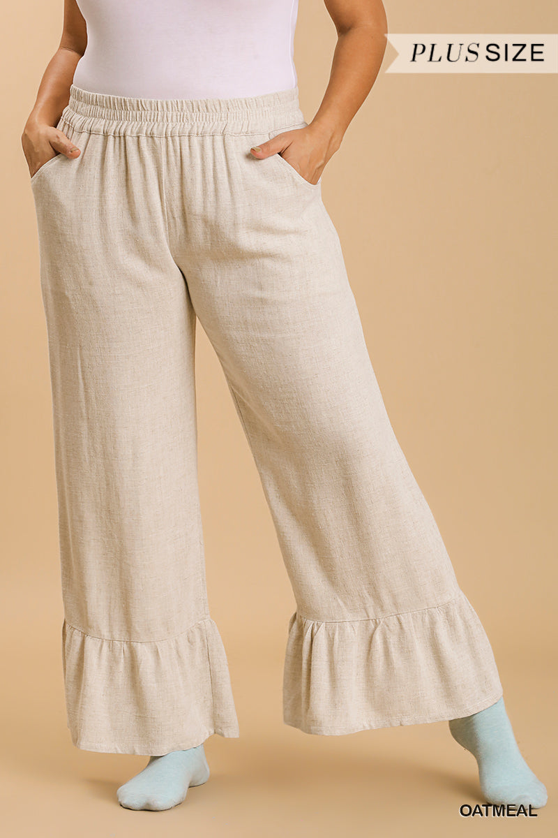 Umgee Plus Embroidery Elastic Waistband Frayed Hem Tiered Pants