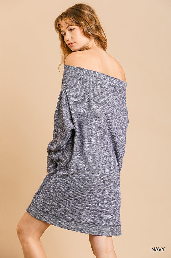 Umgee Long Sleeve Ribbed Heathered Knit Off Shoulder Banded Hem Dress - Roulhac Fashion Boutique