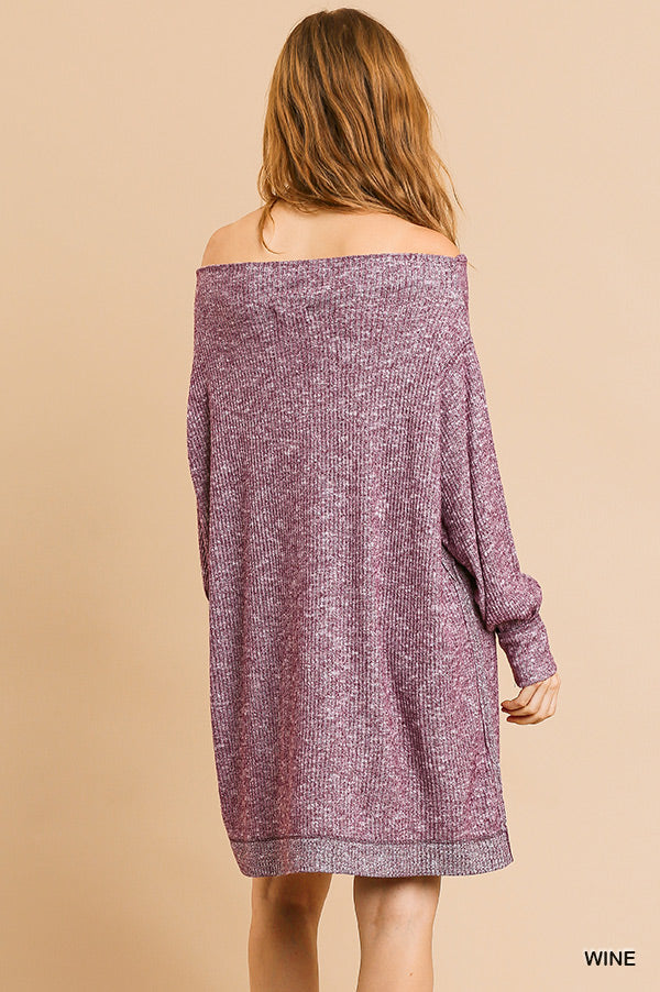 Umgee Long Sleeve Ribbed Heathered Knit Off Shoulder Banded Hem Dress - Roulhac Fashion Boutique
