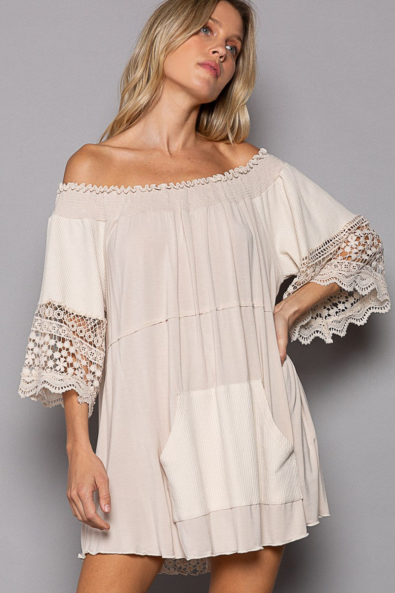 POL Off Shoulder Crochet Detail Short Sleeve Knit Top