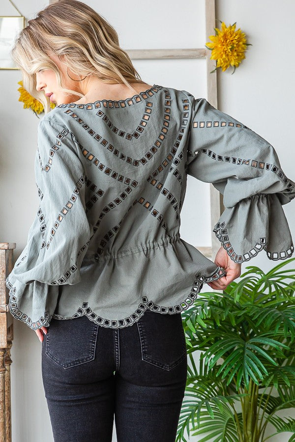 Oli & Hali Embroidered Washed Scallop Edge Top