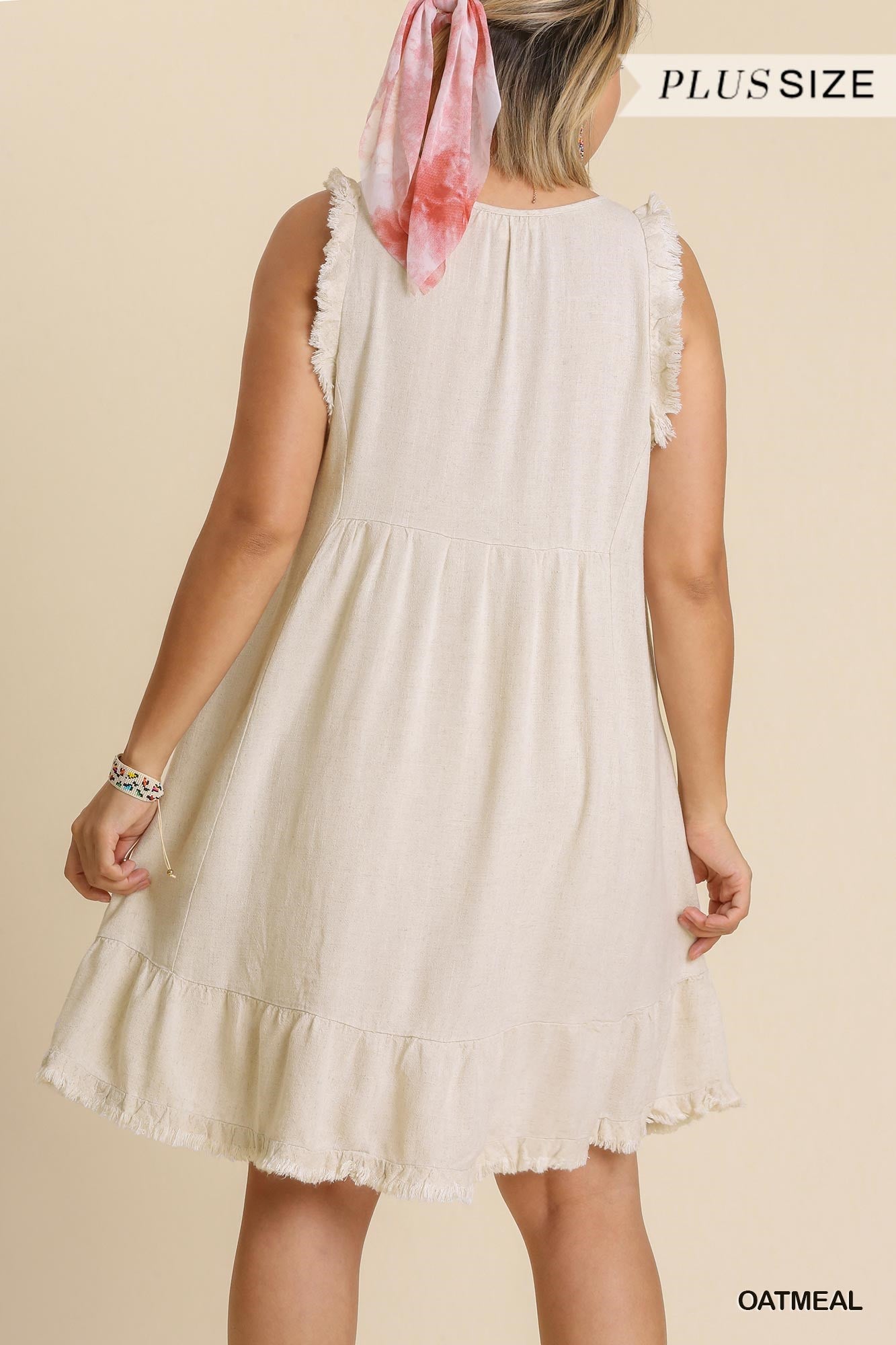 Umgee Plus Frayed Sleeveless Linen Blend V-Neck Ruffled Hem Dress
