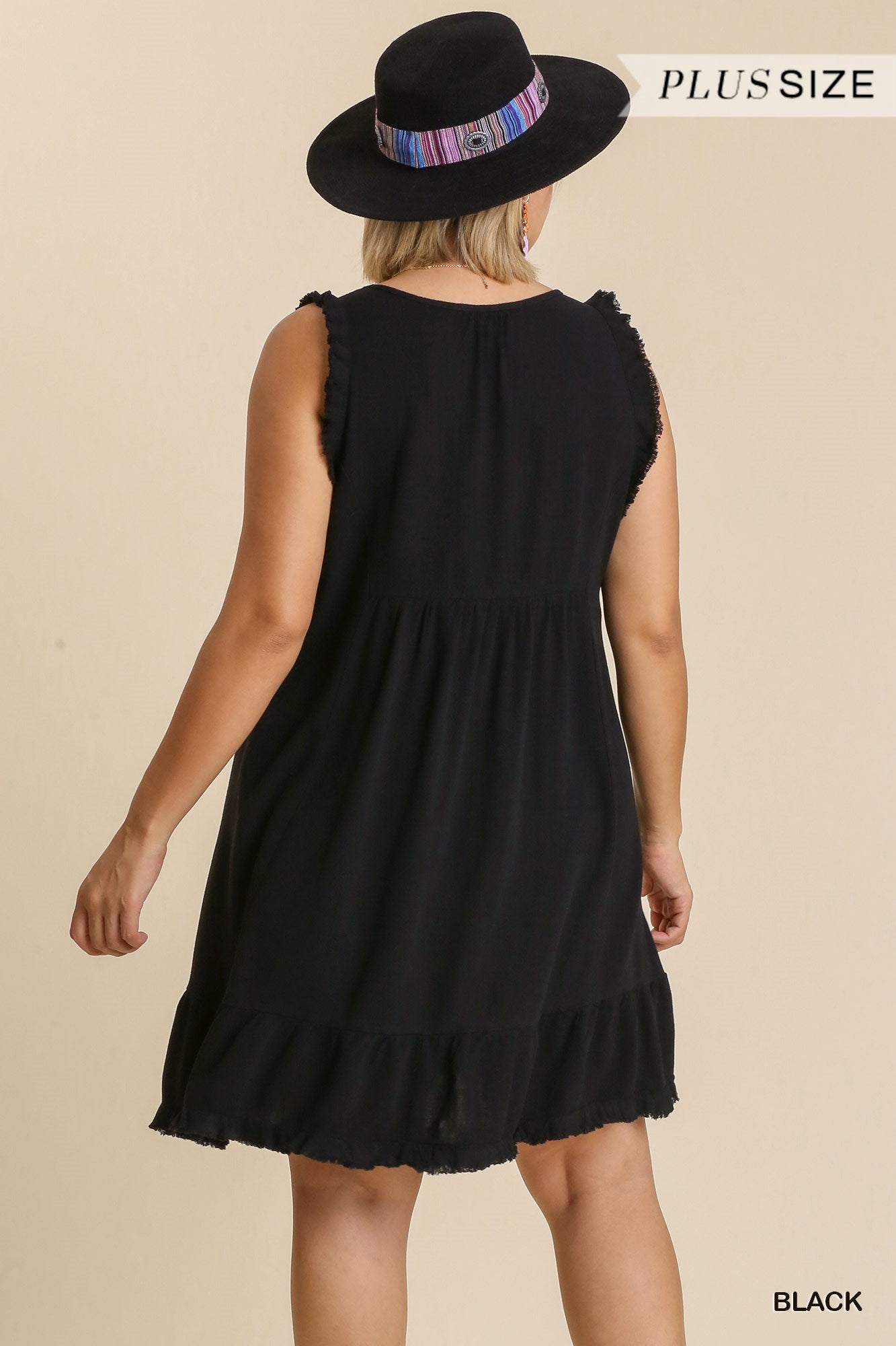 Umgee Plus Frayed Sleeveless Linen Blend V-Neck Ruffled Hem Dress