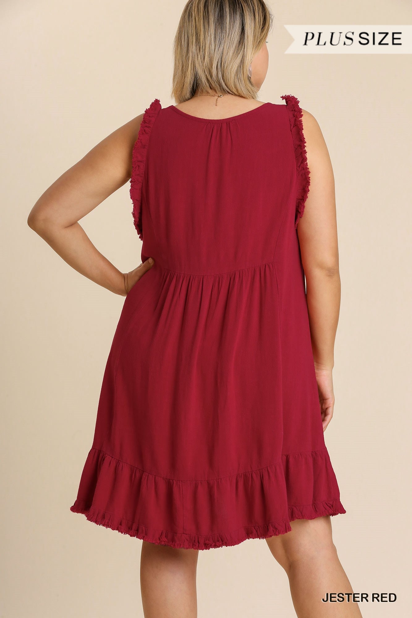Umgee Plus Frayed Sleeveless Linen Blend V-Neck Ruffled Hem Dress