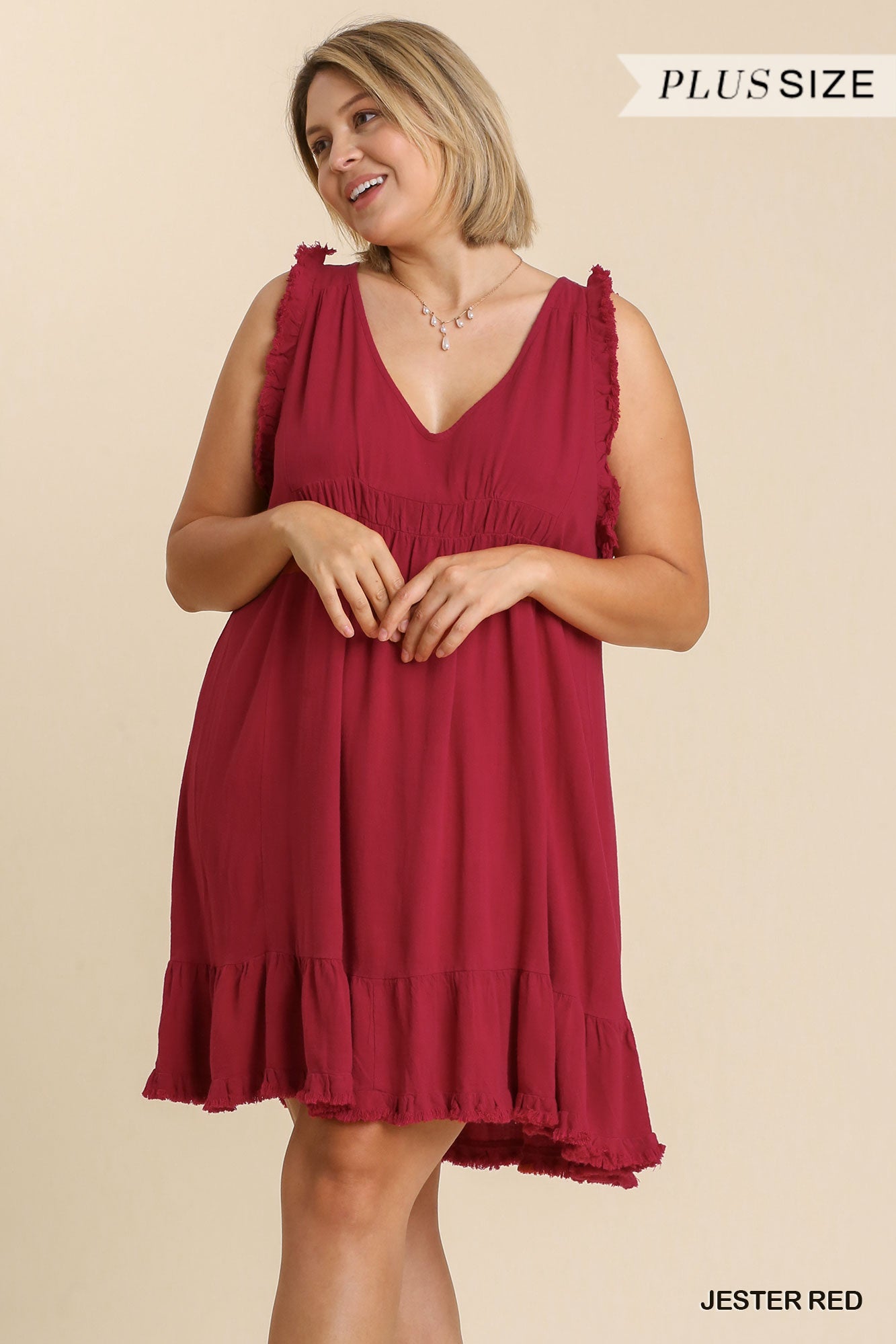 Umgee Plus Frayed Sleeveless Linen Blend V-Neck Ruffled Hem Dress