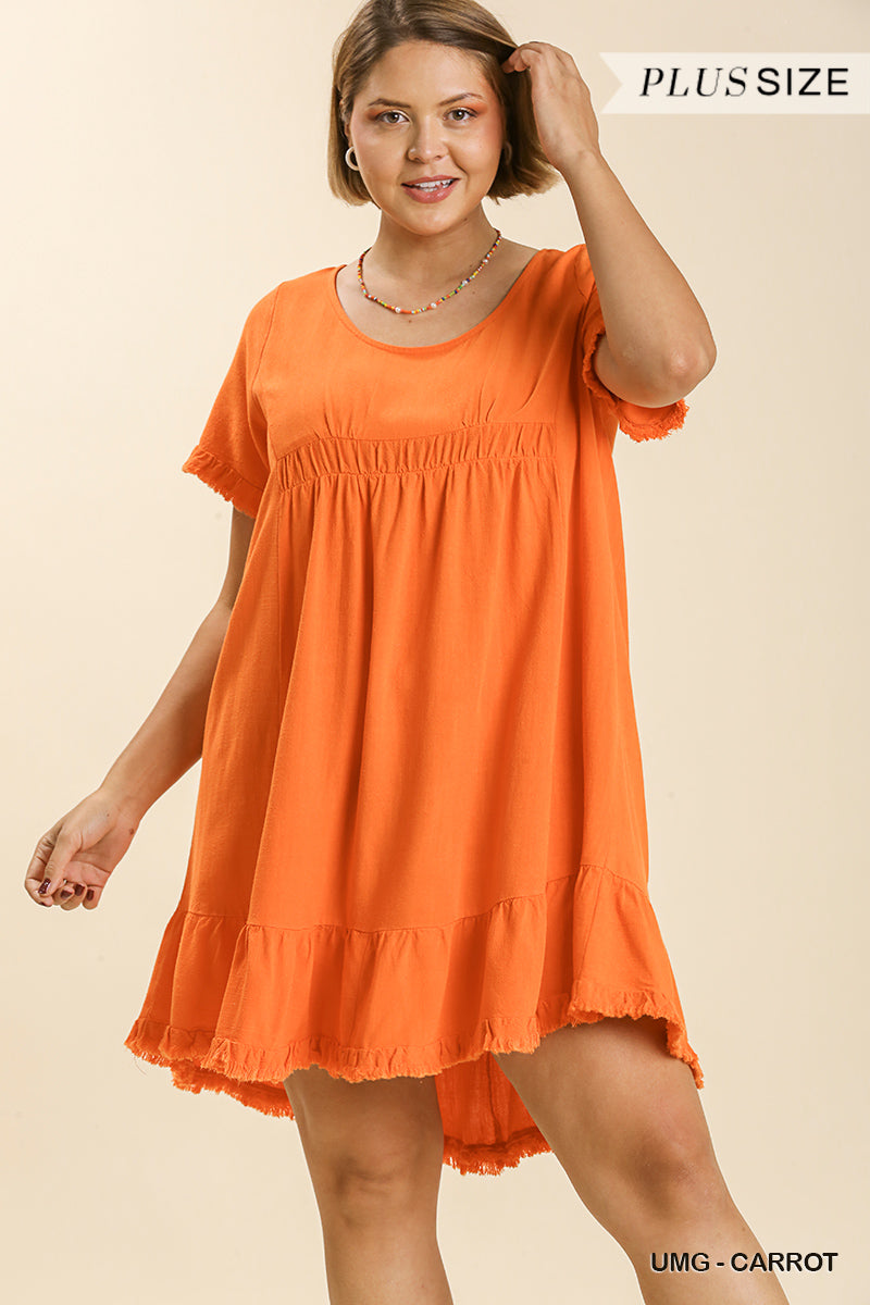Umgee Plus Linen Blend Short Sleeve Round Neck Ruffle Trim Frayed Edges Dress