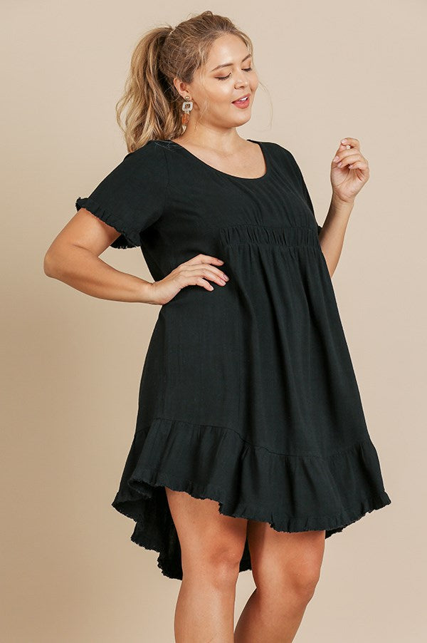 Umgee Plus Linen Blend Short Sleeve Round Neck Ruffle Trim Frayed Edges Dress