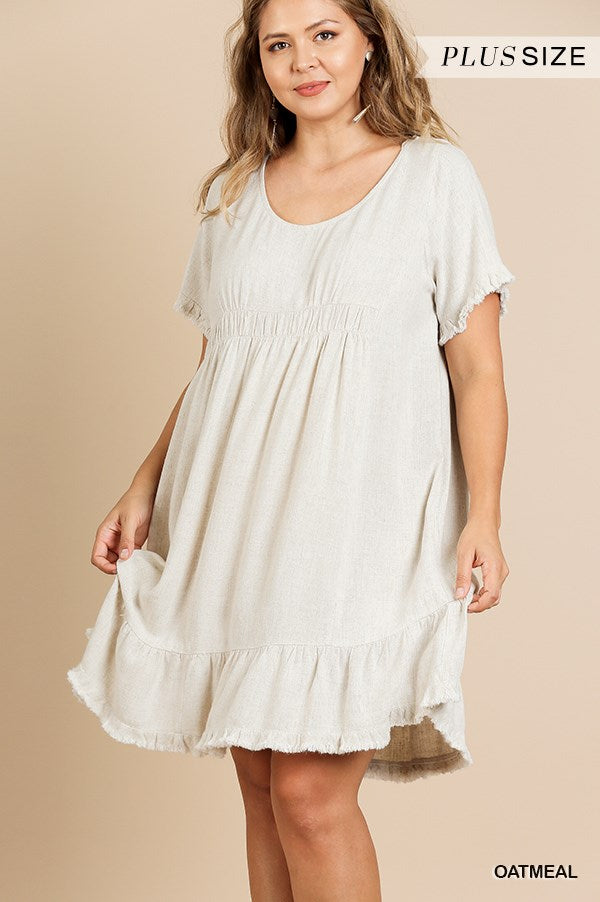 Umgee Plus Linen Blend Short Sleeve Round Neck Ruffle Trim Frayed Edges Dress