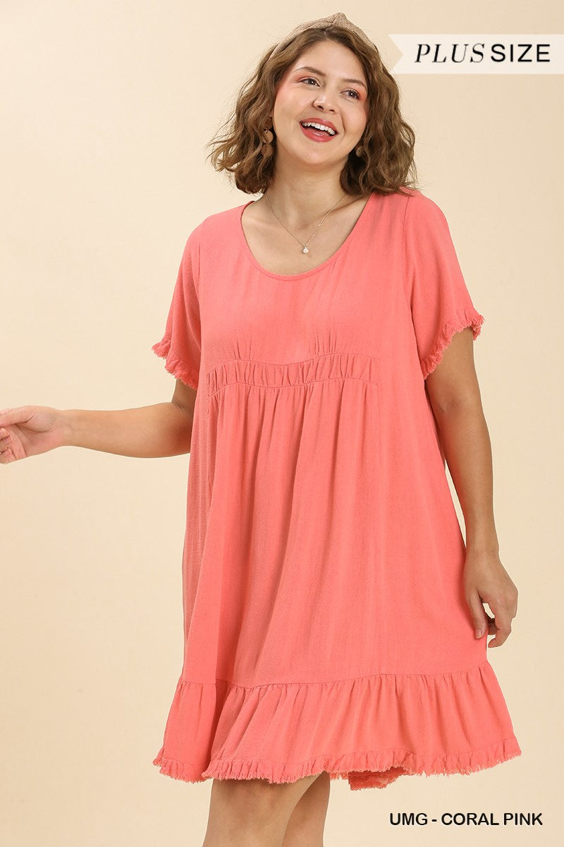 Umgee Plus Linen Blend Short Sleeve Round Neck Ruffle Trim Frayed Edges Dress