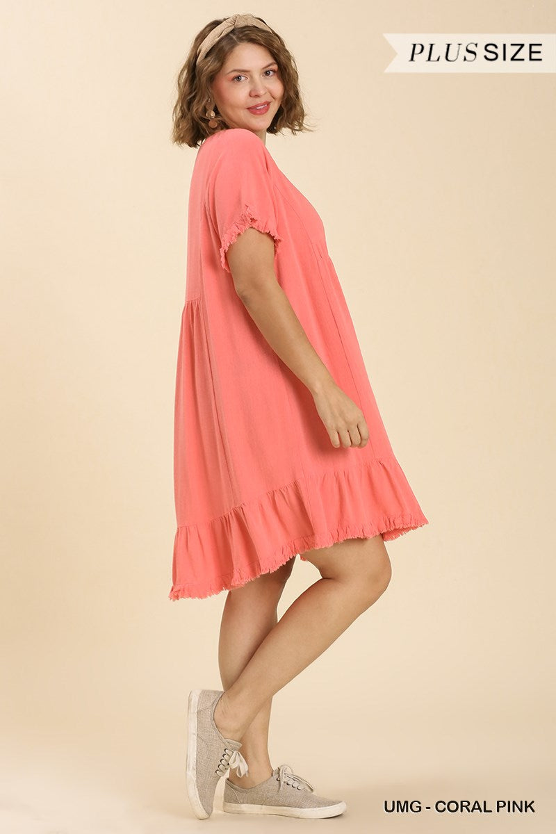 Umgee Plus Linen Blend Short Sleeve Round Neck Ruffle Trim Frayed Edges Dress
