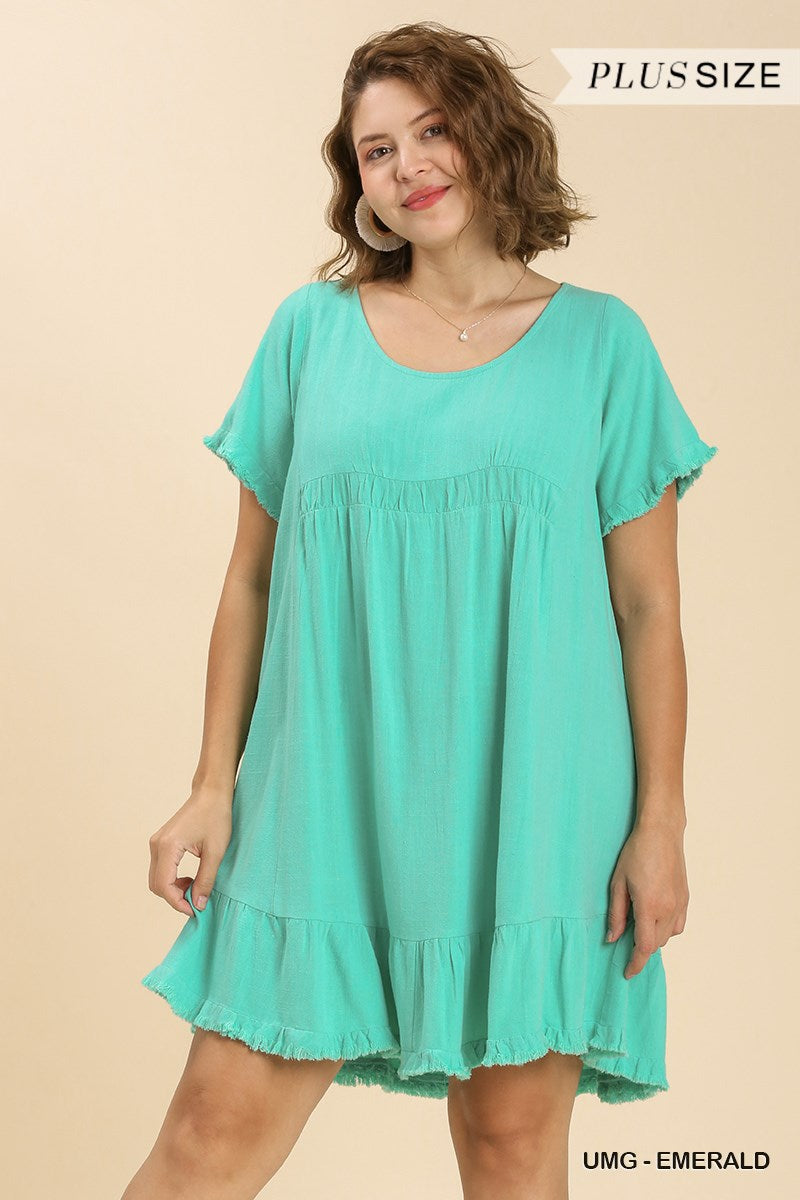 Umgee Plus Linen Blend Short Sleeve Round Neck Ruffle Trim Frayed Edges Dress