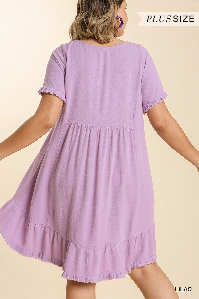 Umgee Plus Linen Blend Short Sleeve Round Neck Ruffle Trim Frayed Edges Dress