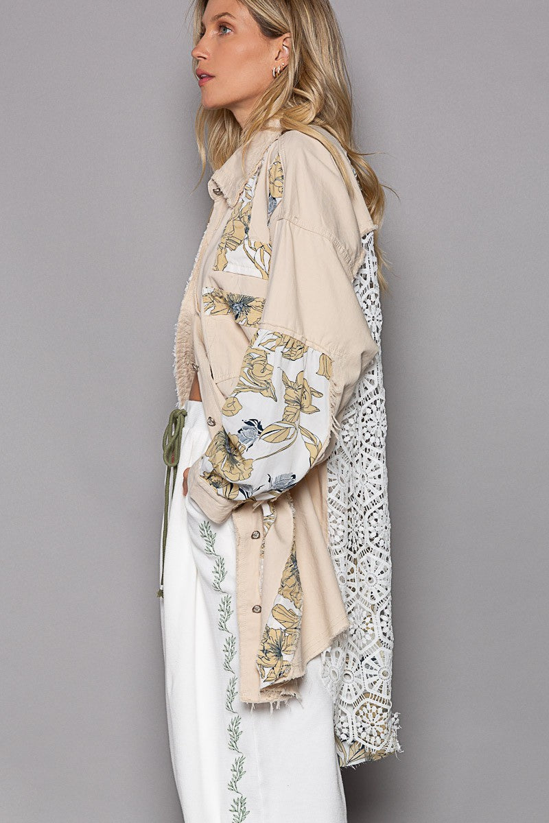 POL Oversize Crochet Lace With Floral Print Patch Jack Jacket - Roulhac Fashion Boutique
