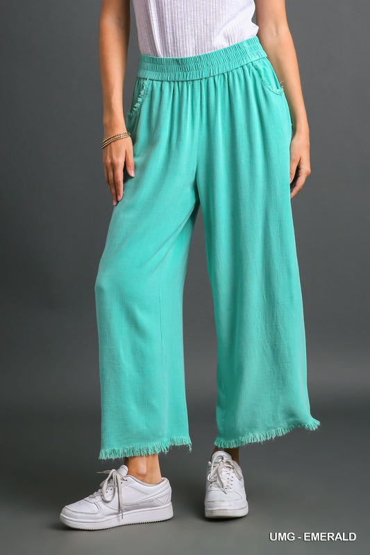 Umgee Elastic Waist Wide Leg Frayed Hem Pockets Pants