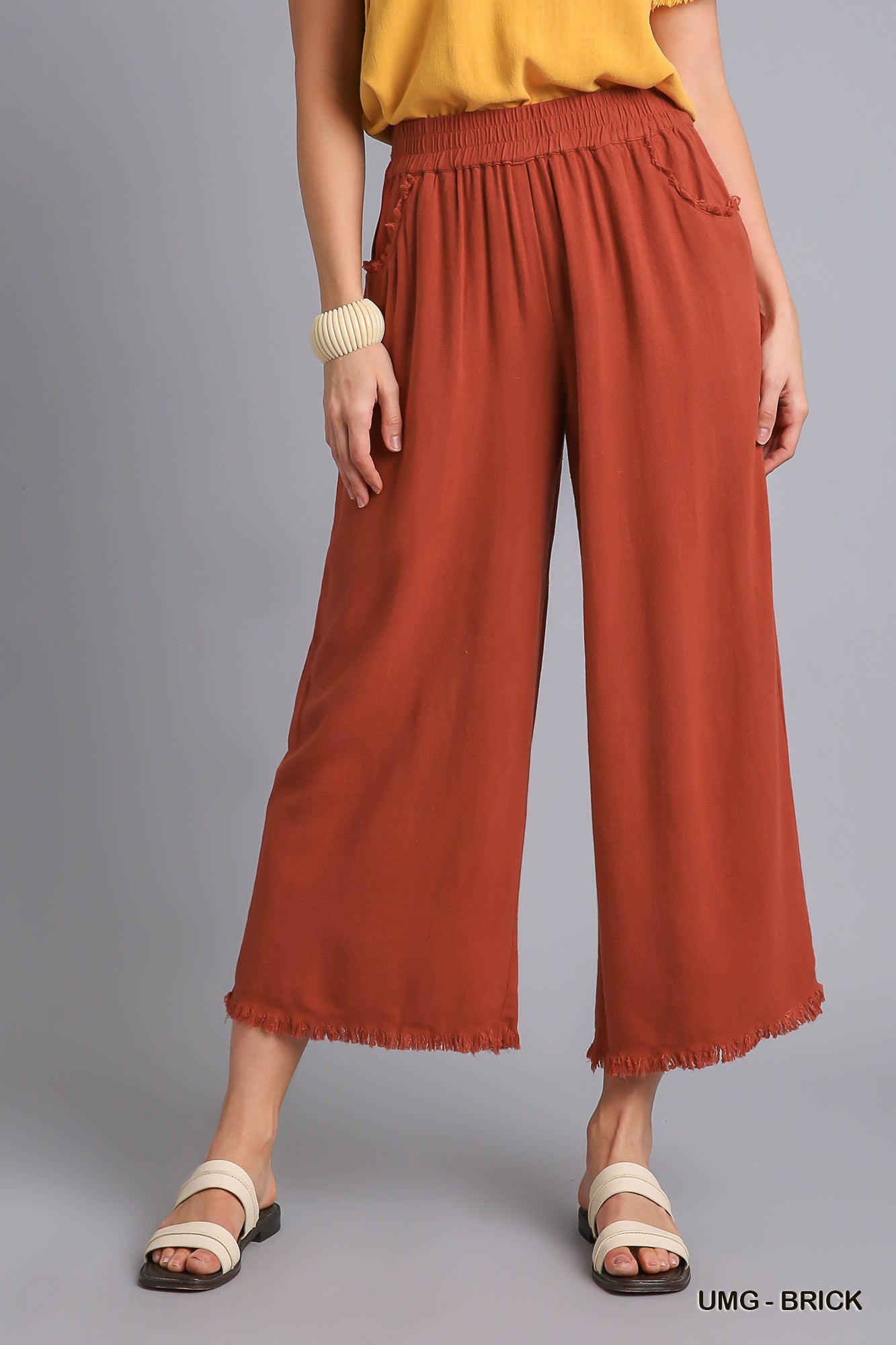 Umgee Elastic Waist Wide Leg Frayed Hem Pockets Pants