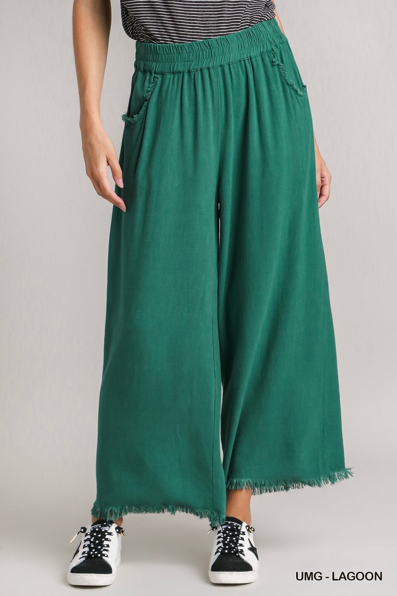 Umgee Elastic Waist Wide Leg Frayed Hem Pockets Pants