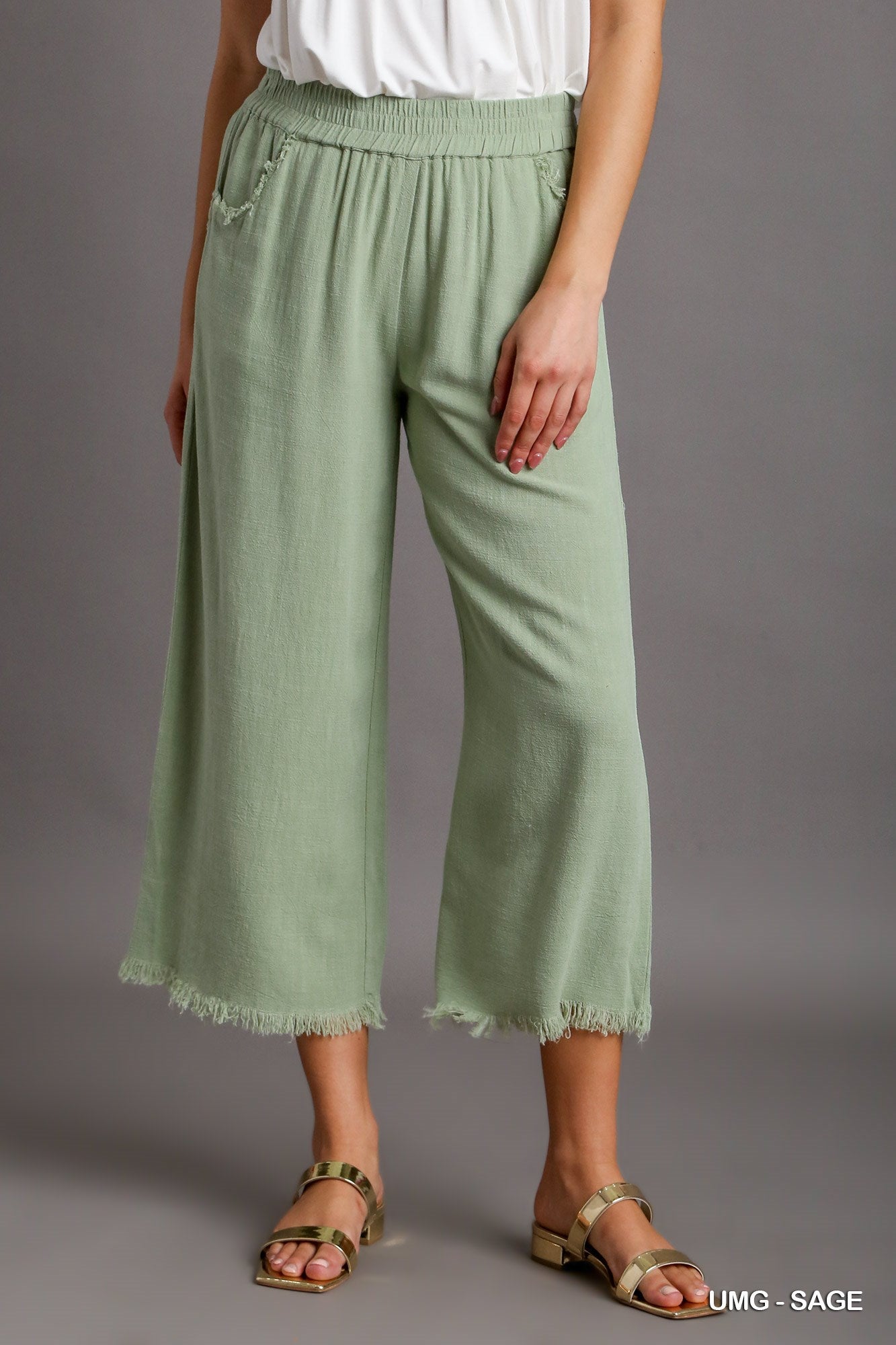 Umgee Elastic Waist Wide Leg Frayed Hem Pockets Pants
