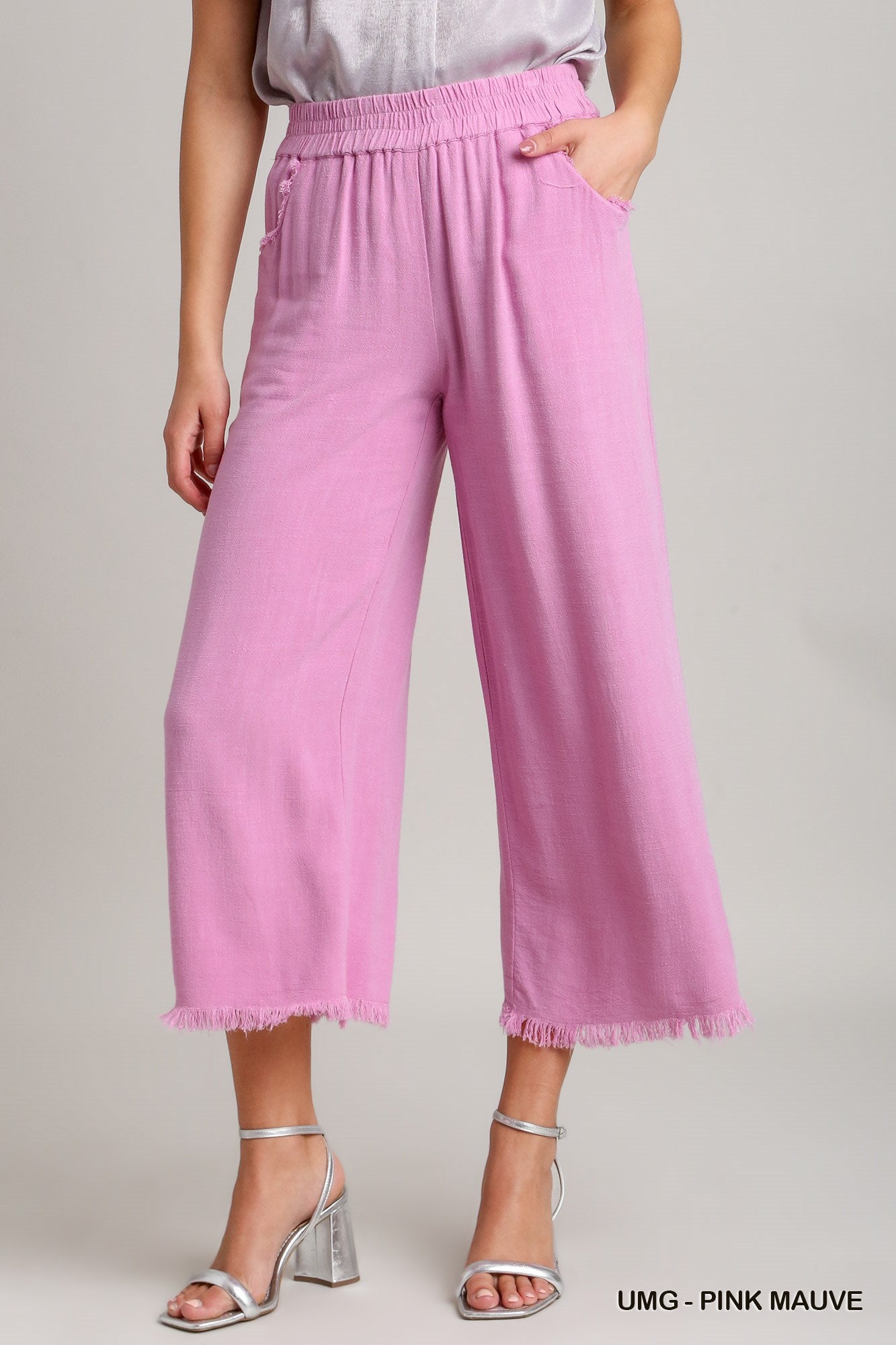 Umgee Elastic Waist Wide Leg Frayed Hem Pockets Pants