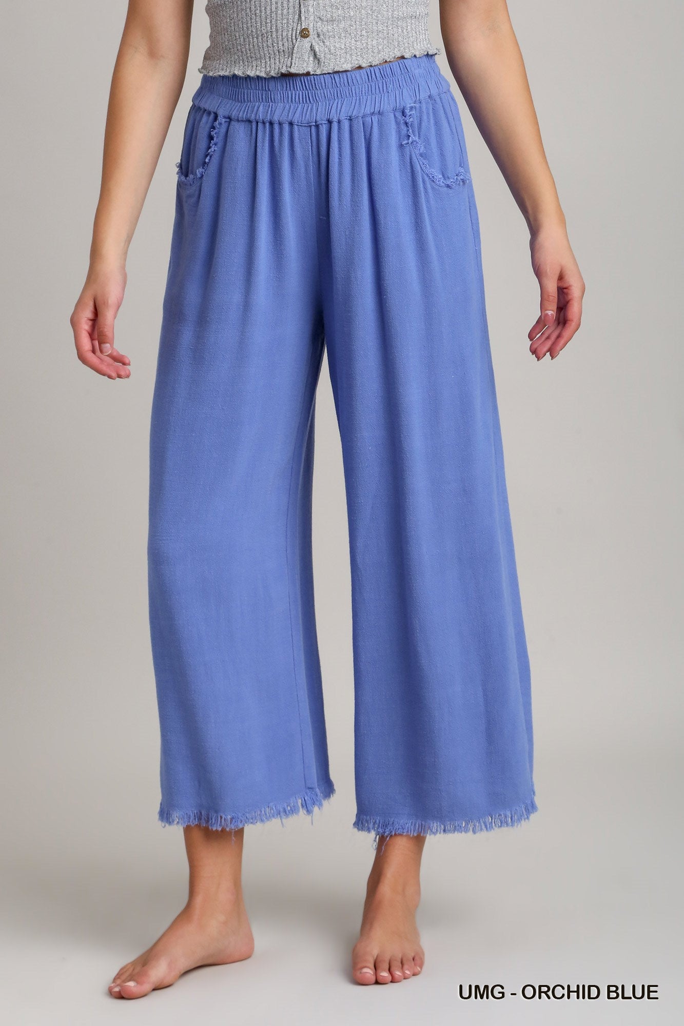 Umgee Elastic Waist Wide Leg Frayed Hem Pockets Pants