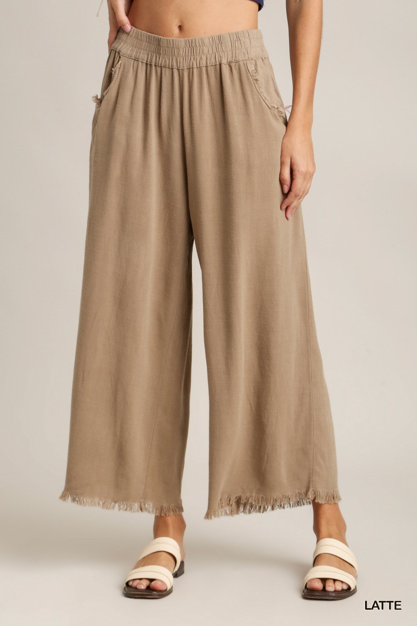 Umgee Elastic Waist Wide Leg Frayed Hem Pockets Pants