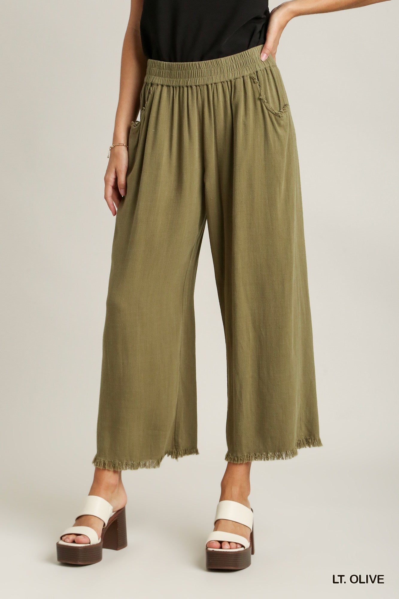 Umgee Elastic Waist Wide Leg Frayed Hem Pockets Pants