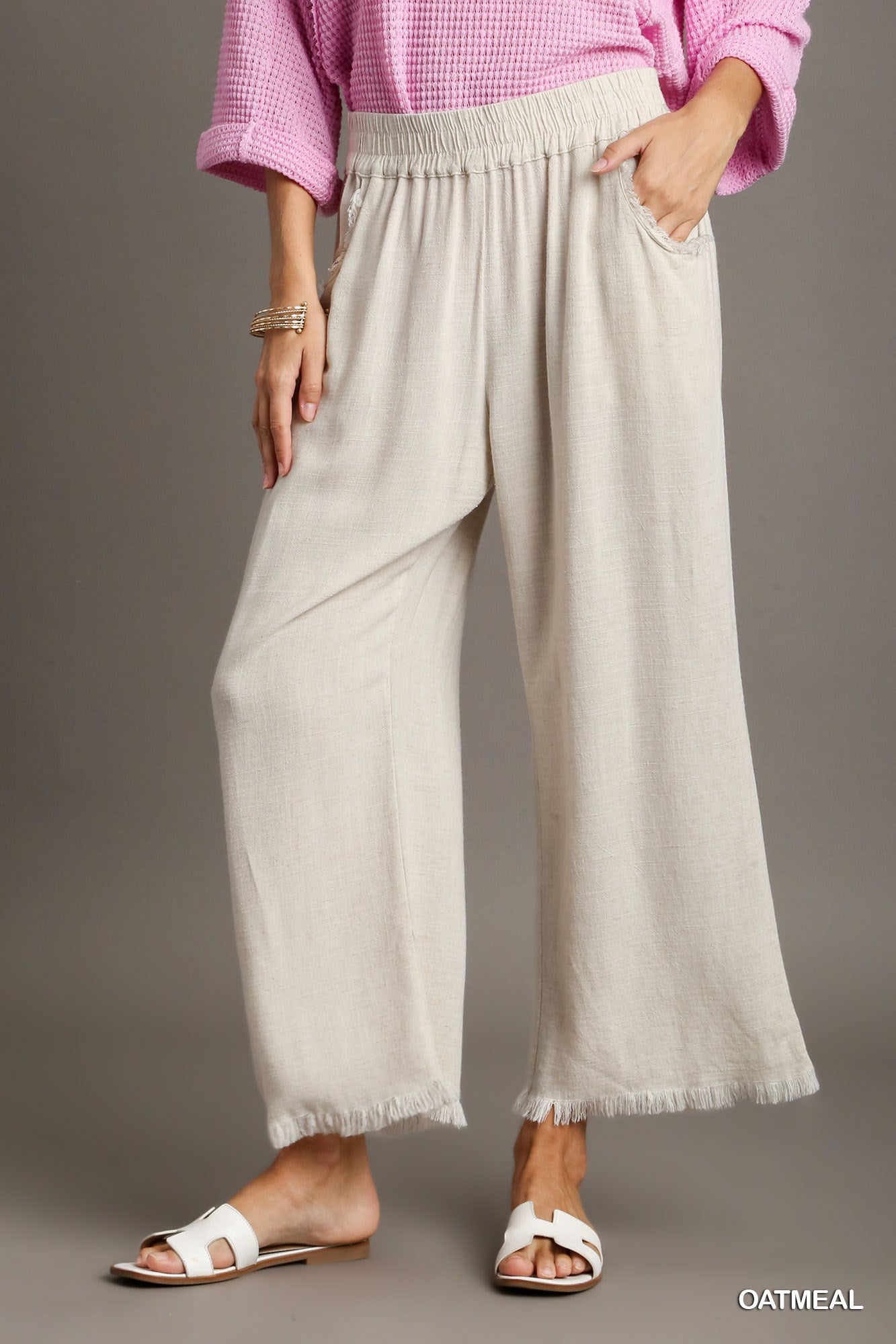 Umgee Elastic Waist Wide Leg Frayed Hem Pockets Pants
