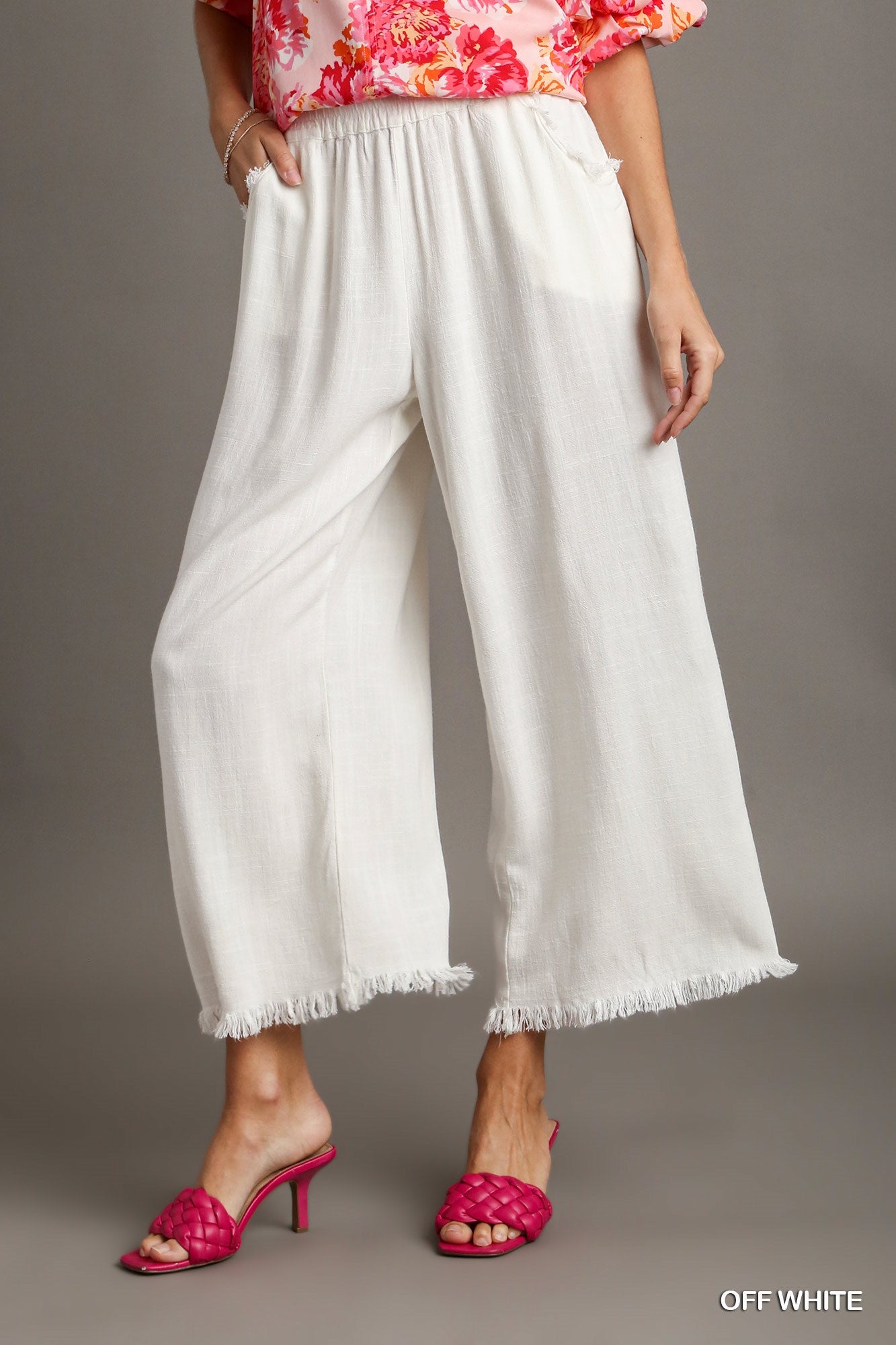 Umgee Elastic Waist Wide Leg Frayed Hem Pockets Pants