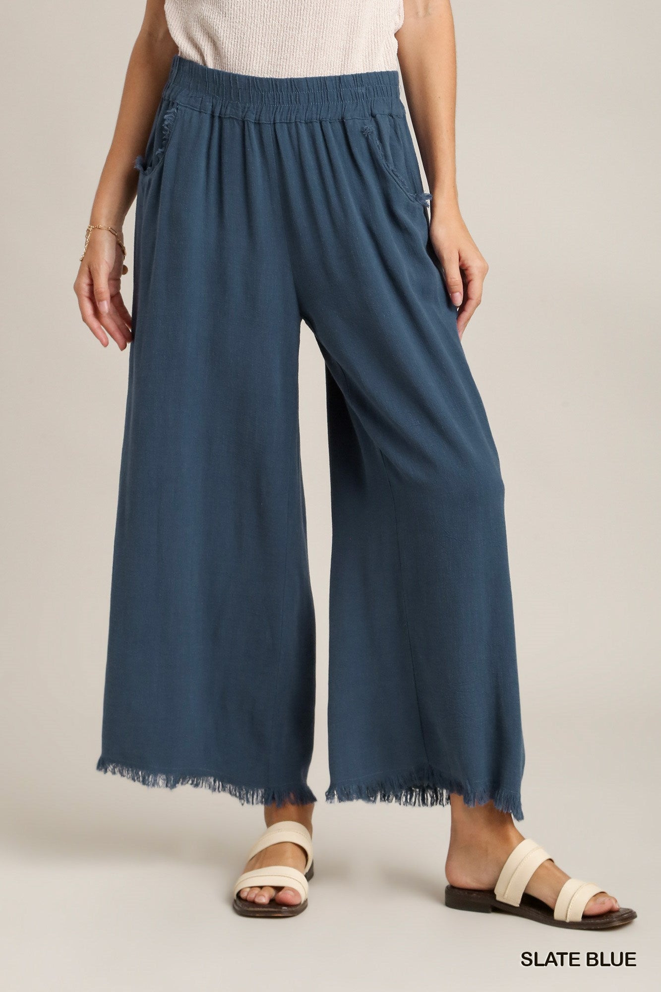 Umgee Elastic Waist Wide Leg Frayed Hem Pockets Pants
