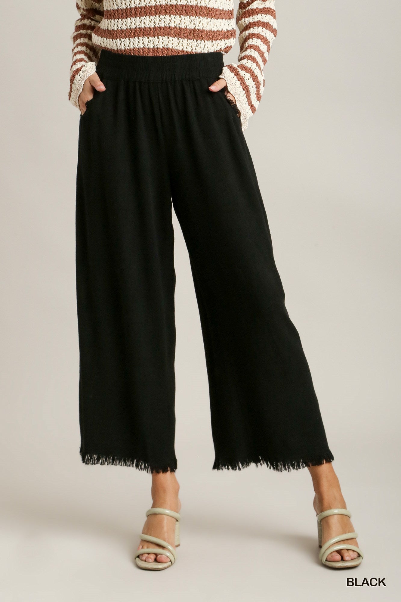 Umgee Elastic Waist Wide Leg Frayed Hem Pockets Pants