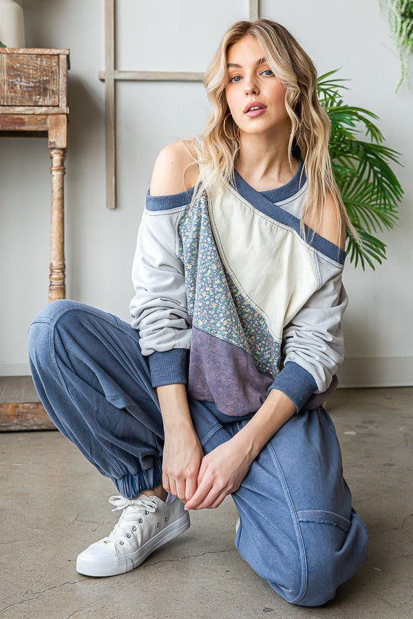 Oli & Hali Washed Fabric Mixed Cutout Shoulder Tunic Top