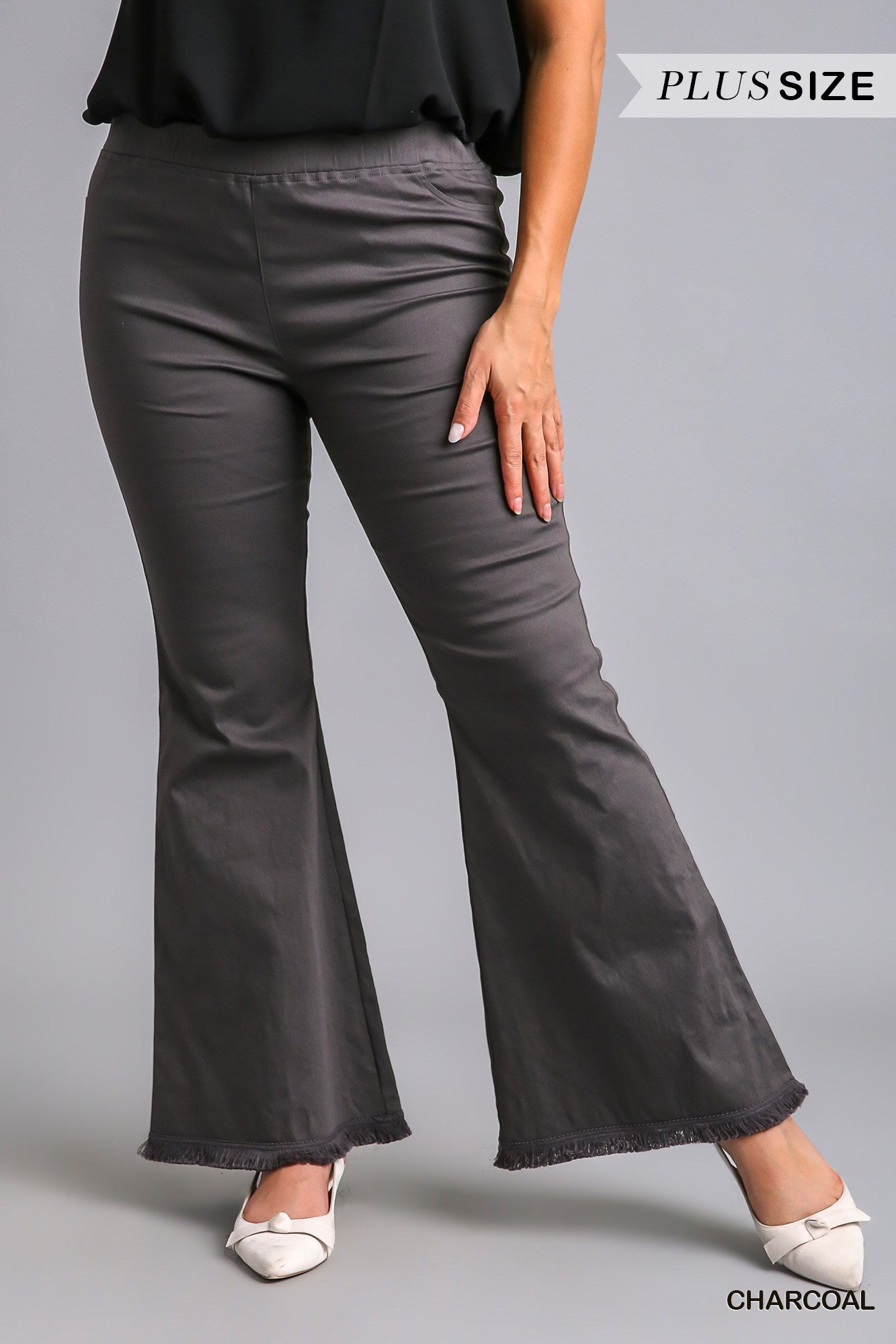 Umgee Plus Elastic Waist Stretch Frayed Hem Wide Flare Leg Pants