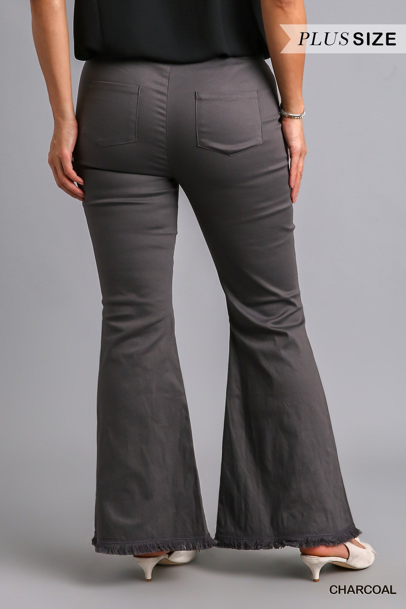 Umgee Plus Elastic Waist Stretch Frayed Hem Wide Flare Leg Pants