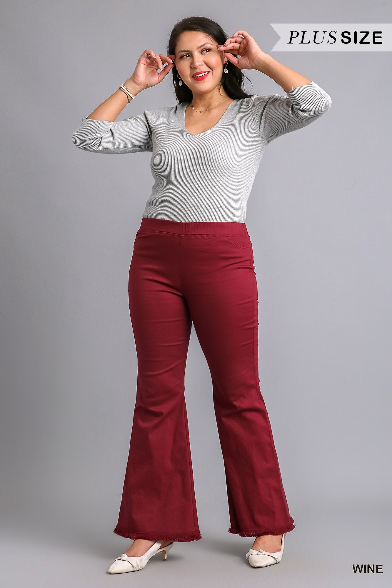 Umgee Plus Elastic Waist Stretch Frayed Hem Wide Flare Leg Pants