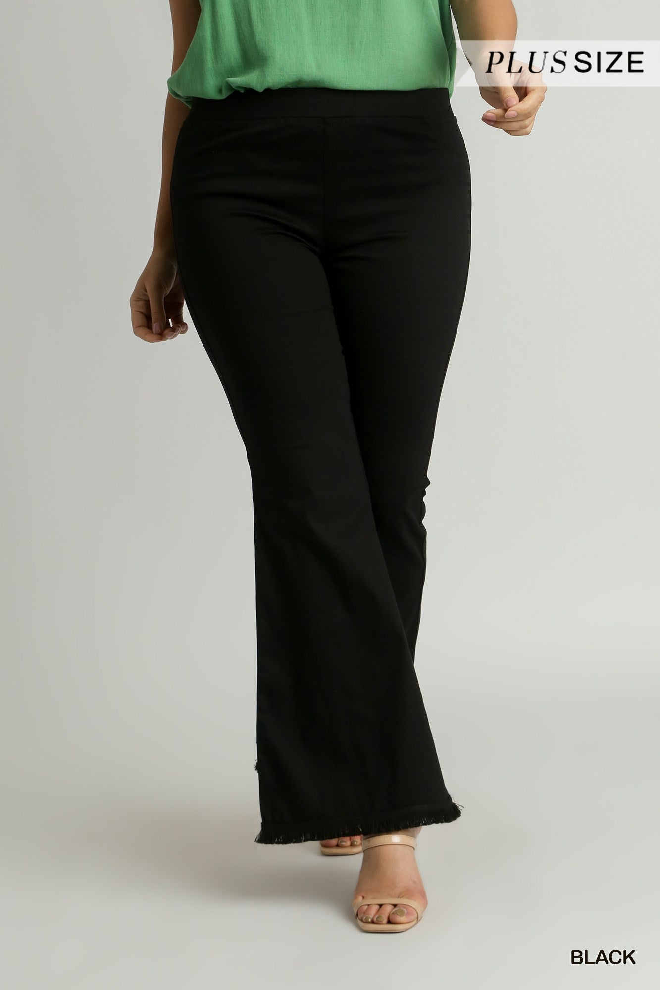 Umgee Plus Elastic Waist Stretch Frayed Hem Wide Flare Leg Pants