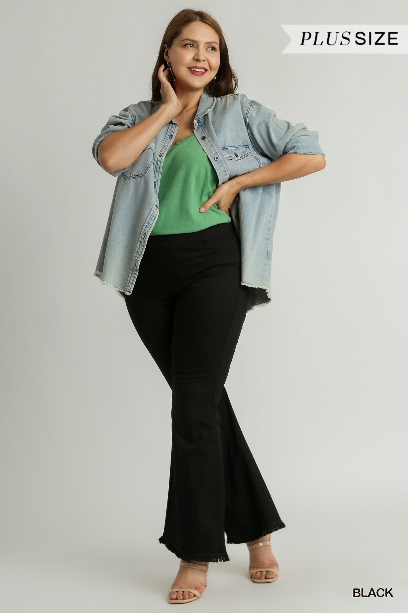 Umgee Plus Elastic Waist Stretch Frayed Hem Wide Flare Leg Pants