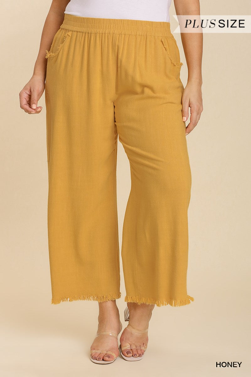 Umgee Plus Linen Blend Elastic Waistband Frayed Hem Wide Leg Pants