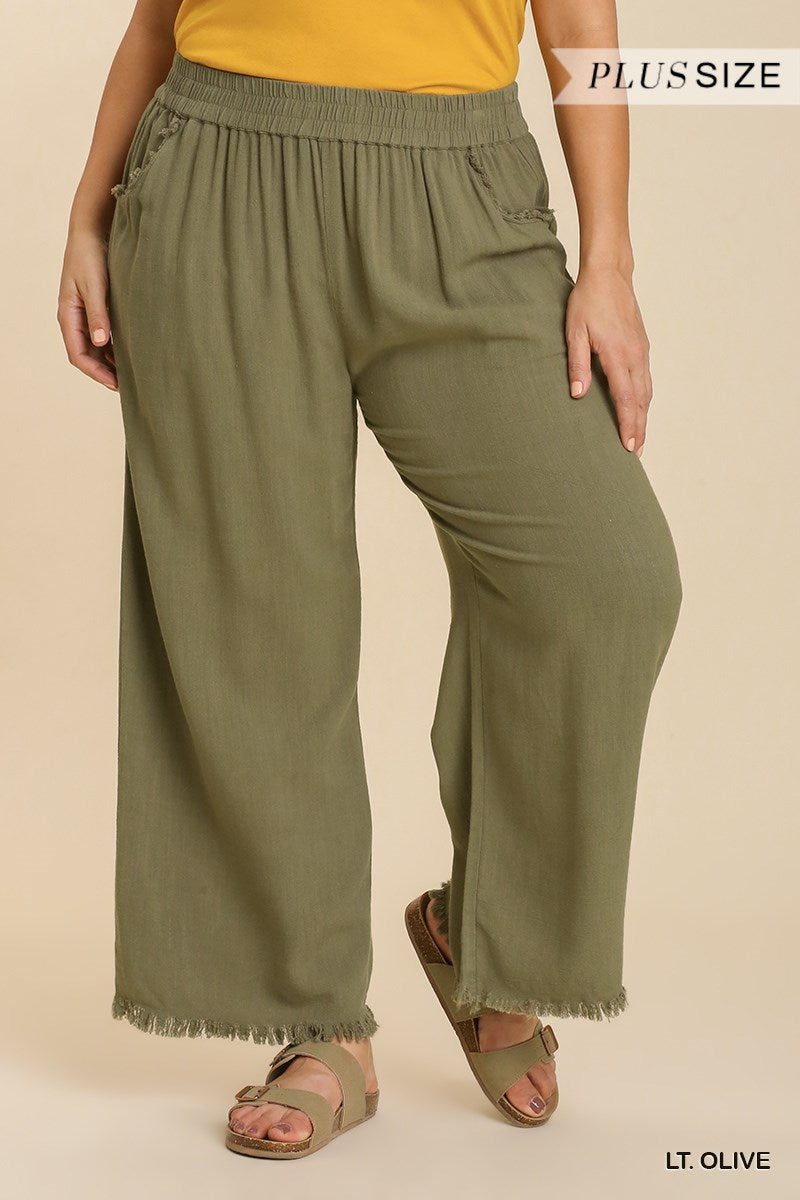 Umgee Plus Linen Blend Elastic Waistband Frayed Hem Wide Leg Pants