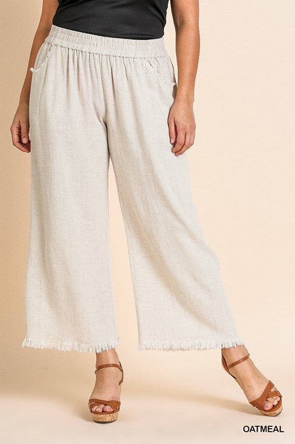 Umgee Plus Linen Blend Elastic Waistband Frayed Hem Wide Leg Pants