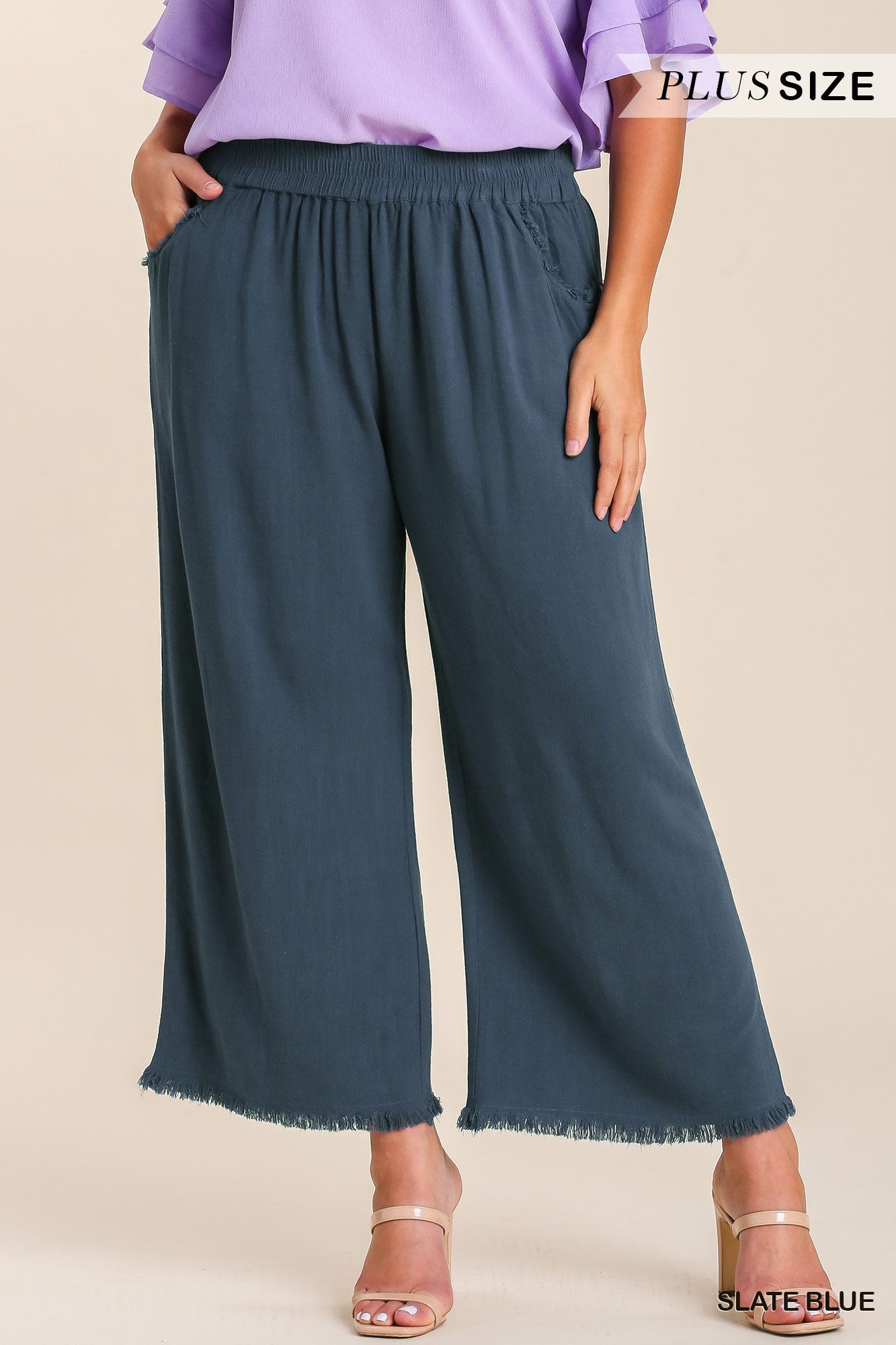 Umgee Plus Linen Blend Elastic Waistband Frayed Hem Wide Leg Pants