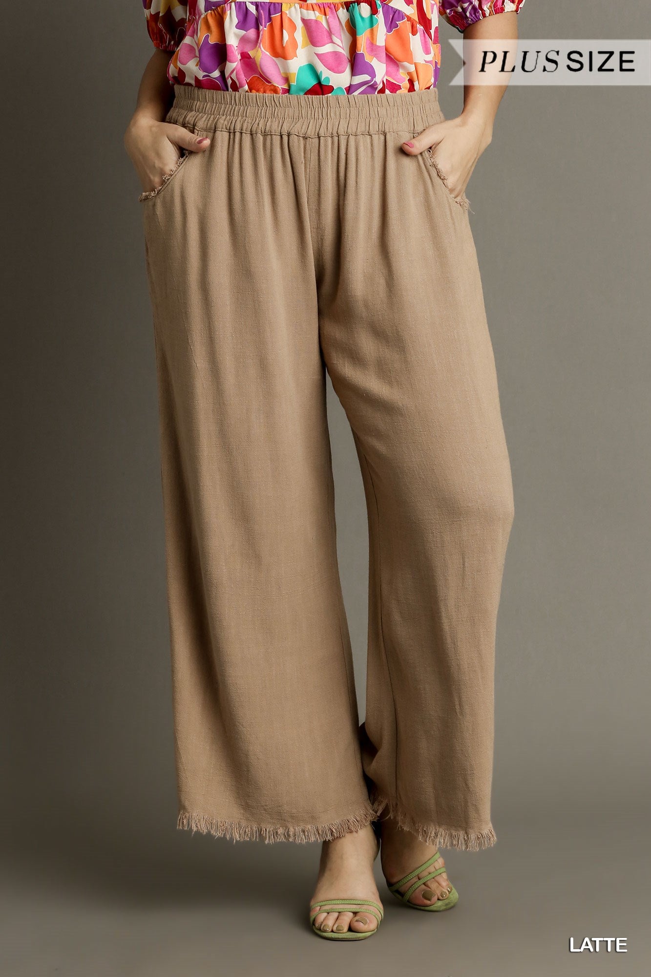 Umgee Plus Linen Blend Elastic Waistband Frayed Hem Wide Leg Pants