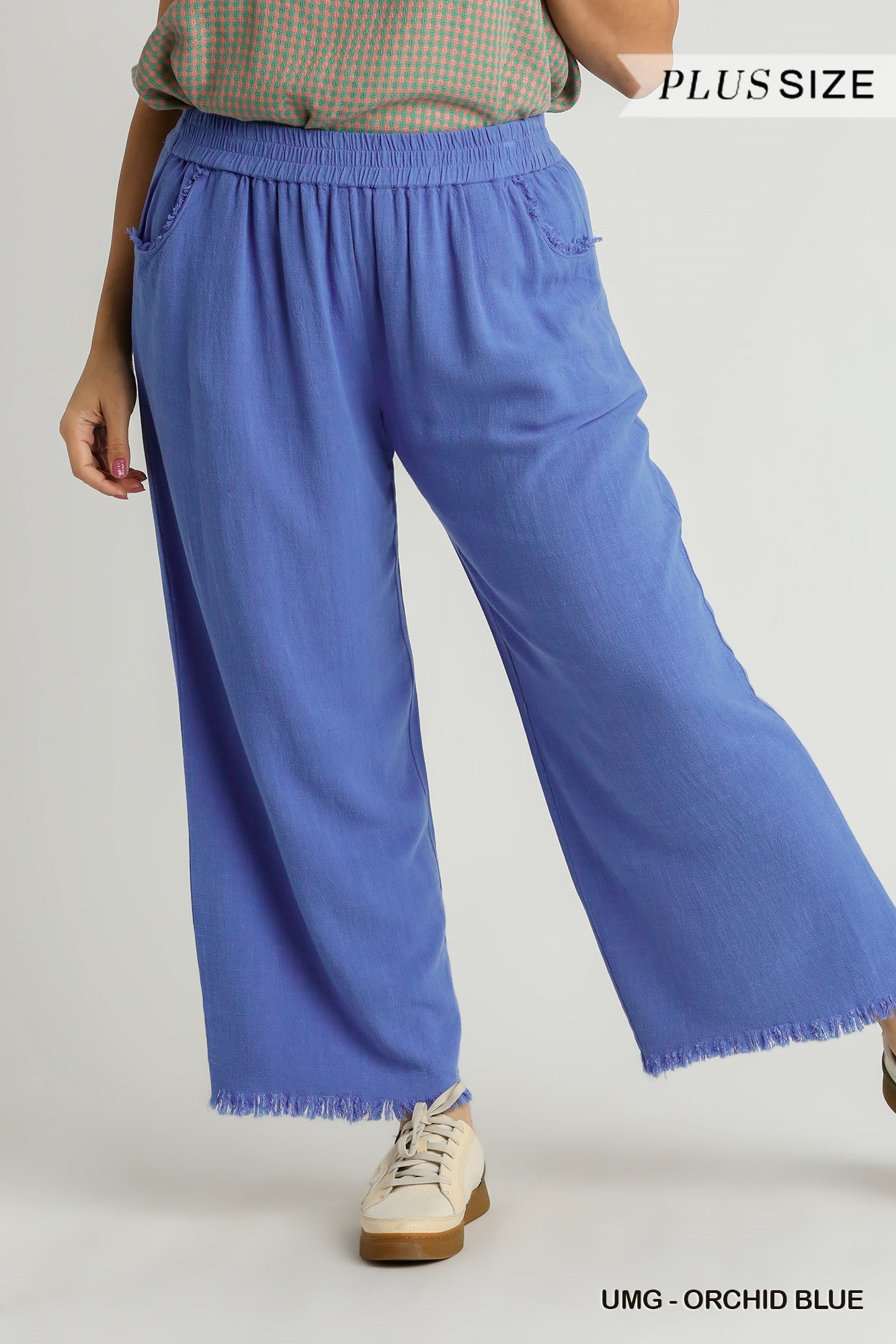 Umgee Plus Linen Blend Elastic Waistband Frayed Hem Wide Leg Pants