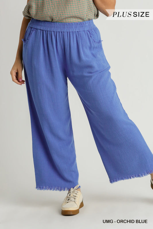 Umgee Plus Linen Blend Elastic Waistband Frayed Hem Wide Leg Pants