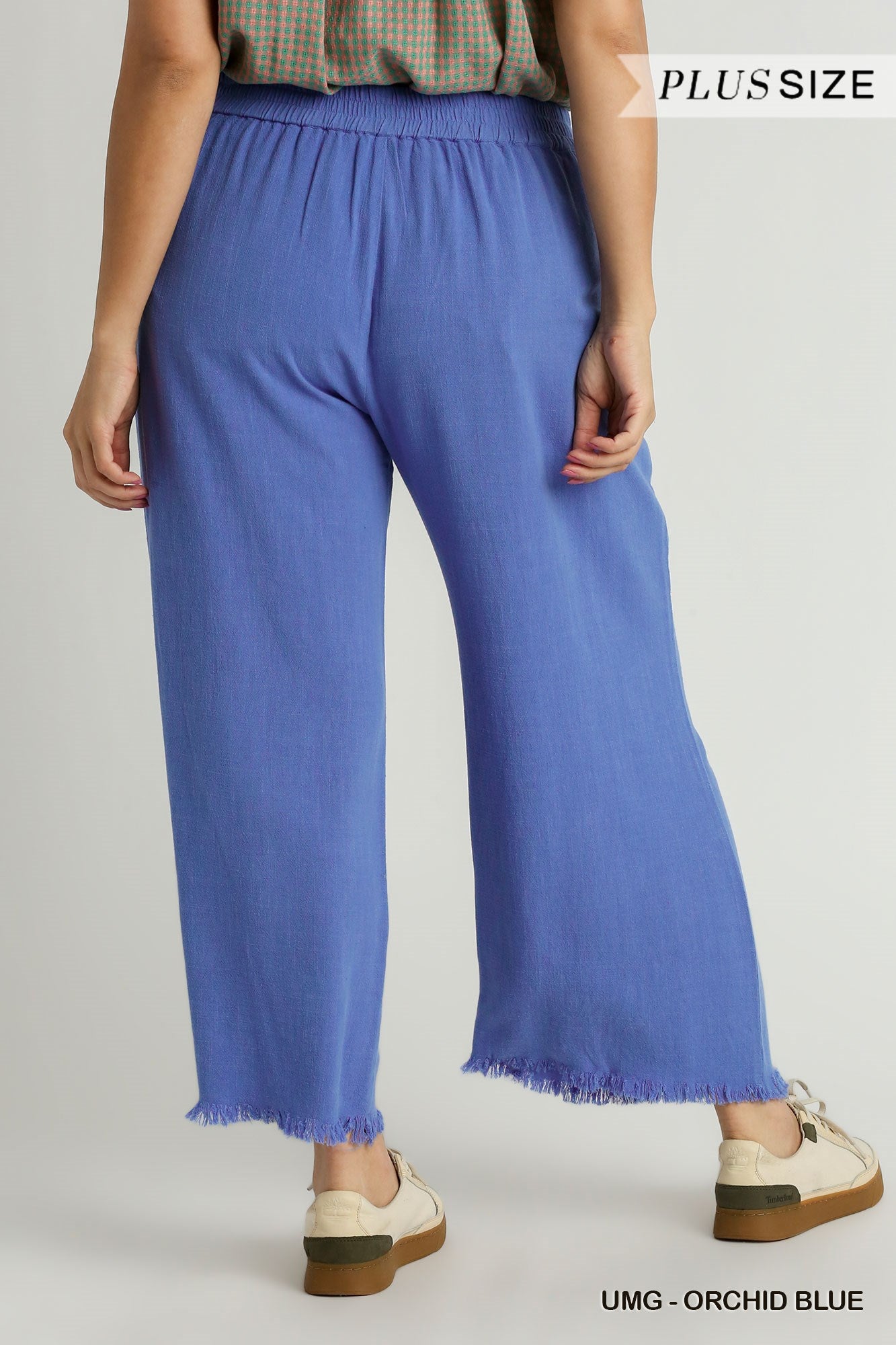 Umgee Plus Linen Blend Elastic Waistband Frayed Hem Wide Leg Pants