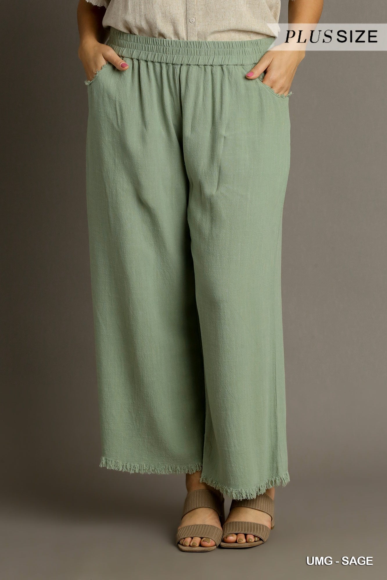 Umgee Plus Linen Blend Elastic Waistband Frayed Hem Wide Leg Pants