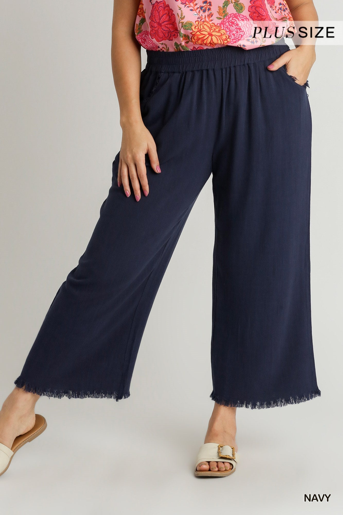 Umgee Plus Linen Blend Elastic Waistband Frayed Hem Wide Leg Pants